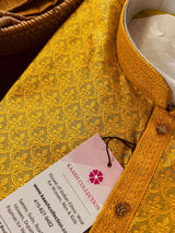 Mustard Yellow men's kurta pajama in soft raw silk with self-embroidered design — Kaash Collection