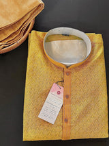 Mustard Yellow men's kurta pajama in soft raw silk with self-embroidered design — Kaash Collection