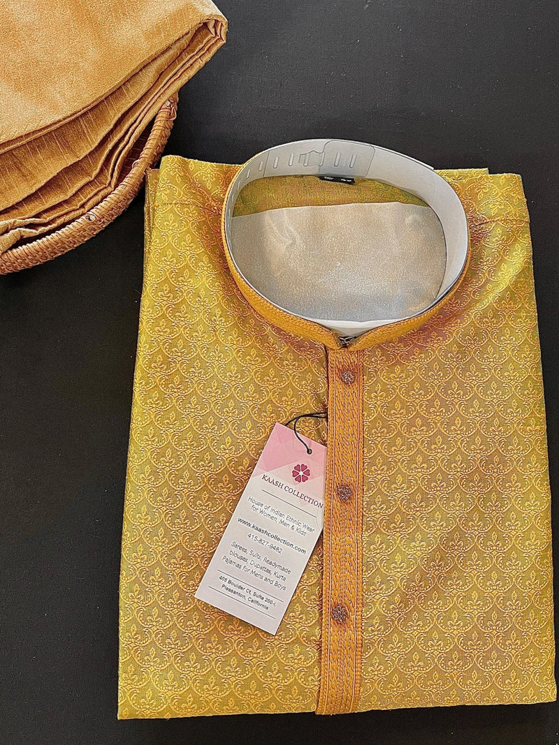 Mustard Yellow men's kurta pajama in soft raw silk with self-embroidered design — Kaash Collection