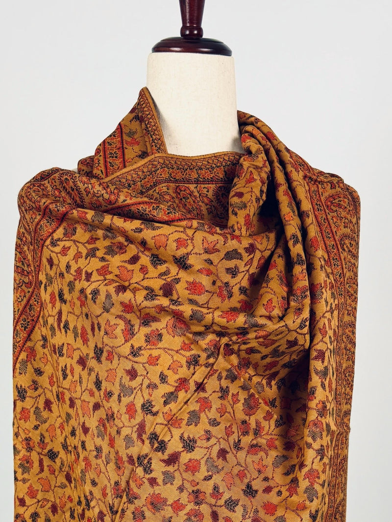 Mustard Yellow viscose blend wool Kashmiri shawl with chinar leaves pattern — Kaash Collection