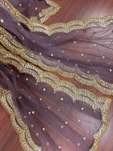 Muted Eggplant net dupatta with gold zari, sequin & beads — Kaash Collection