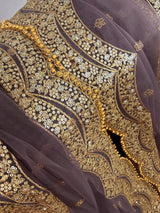 Muted Eggplant net dupatta with gold zari, sequin & beads — Kaash Collection