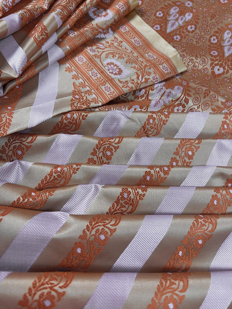 Muted Gold Color with Copper and Light Lavender -Mashru Silk Tanchoi Saree with Jamawar Pallu - Kaash