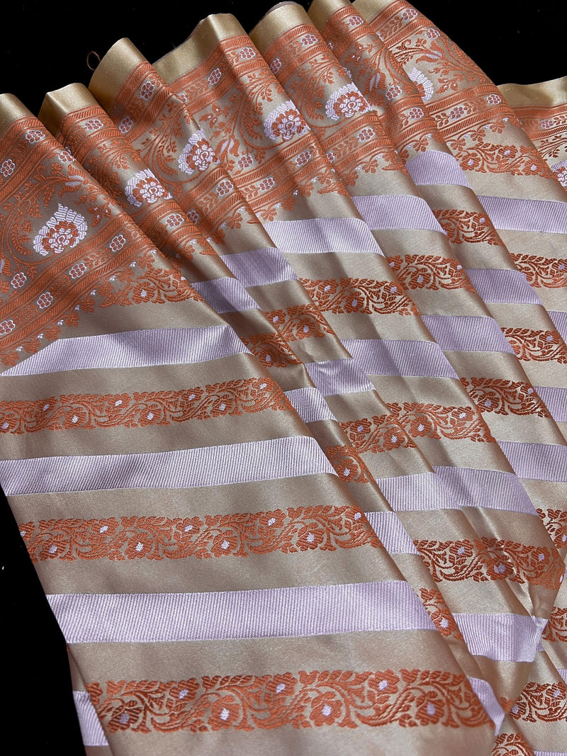 Muted Gold Color with Copper and Light Lavender -Mashru Silk Tanchoi Saree with Jamawar Pallu - Kaash
