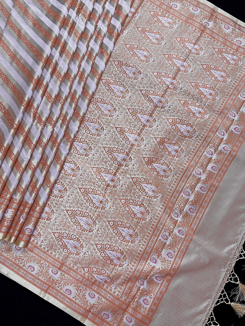 Muted Gold Color with Copper and Light Lavender -Mashru Silk Tanchoi Saree with Jamawar Pallu - Kaash