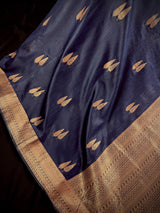 Navy Blue banarasi linen cotton silk saree with antique copper zari weave — Kaash Collection