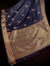 Navy Blue banarasi linen cotton silk saree with antique copper zari weave — Kaash Collection