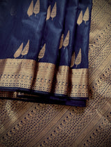 Navy Blue banarasi linen cotton silk saree with antique copper zari weave — Kaash Collection