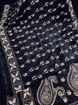 Navy Blue with White Kantha hand Kantha stitch saree on Bangalori silk — Kaash Collection