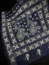 Navy Blue with White Kantha hand Kantha stitch saree on Bangalori silk — Kaash Collection