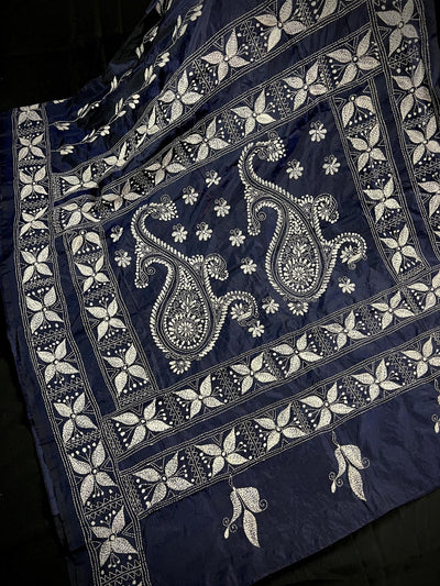 Navy Blue with White Kantha hand Kantha stitch saree on Bangalori silk — Kaash Collection