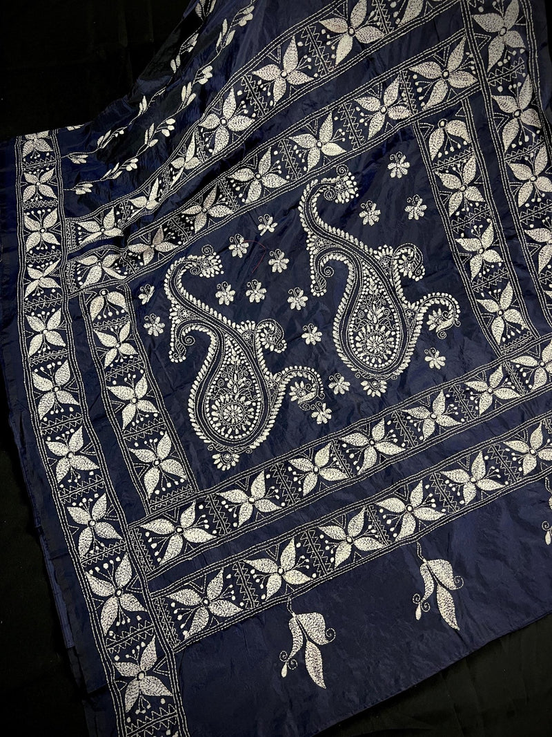 Navy Blue with White Kantha hand Kantha stitch saree on Bangalori silk — Kaash Collection