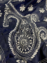 Navy Blue with White Kantha hand Kantha stitch saree on Bangalori silk — Kaash Collection