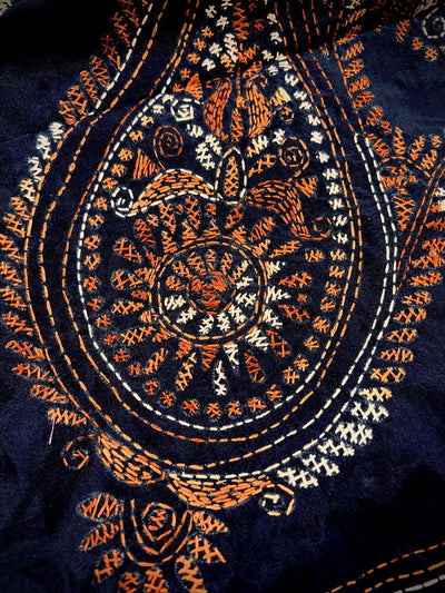 Navy Blue Half-and-Half hand Kantha stitch saree on Bangalori silk — Kaash Collection