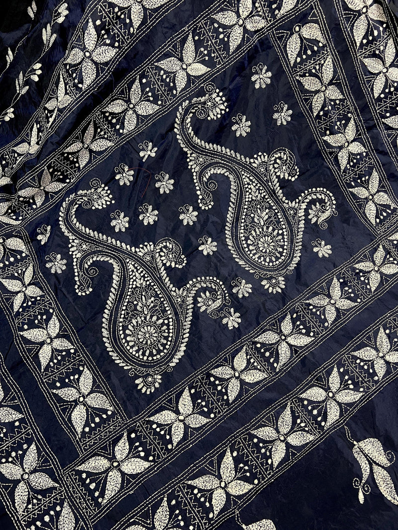 Navy Blue Color Bangalori Silk Saree with Hand Kantha Stitch | Handwoven Kantha Stitch Sarees | Kantha Saress | Bengal Sarees - Kaash