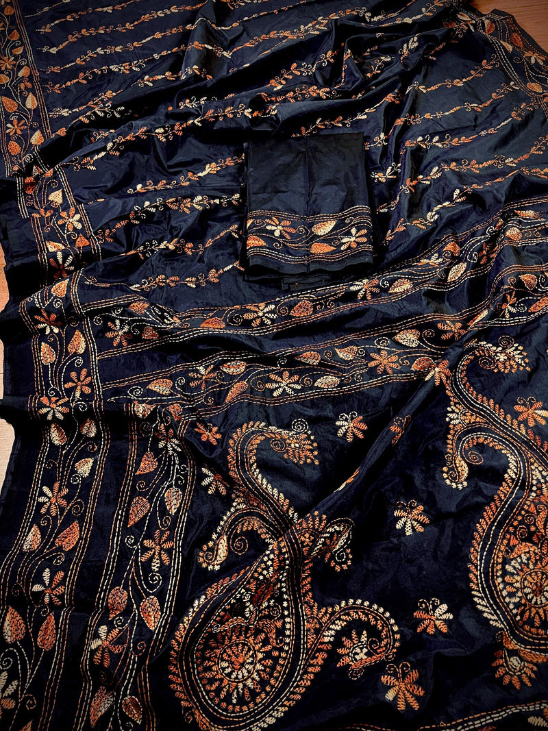 Navy Blue Color Bangalori Silk Saree with Hand Kantha Stitch | Handwoven Kantha Stitch Sarees | Kantha Saress | Silk Sarees | Bengal Sarees - Kaash