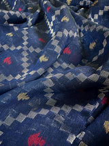 Navy Blue Color Bengal Linen Handwoven Saree with Patola Patten with Sliver Zari Weave - Kaash