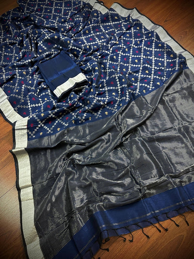 Navy Blue Bengal Linen Patola saree in bengal linen with patola design with silver zari borders — Kaash Collection