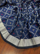 Navy Blue Color Bengal Linen Handwoven Saree with Patola Patten with Sliver Zari Weave - Kaash