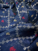 Navy Blue Color Bengal Linen Handwoven Saree with Patola Patten with Sliver Zari Weave - Kaash