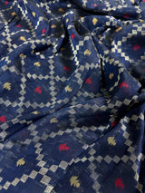 Navy Blue Color Bengal Linen Handwoven Saree with Patola Patten with Sliver Zari Weave - Kaash