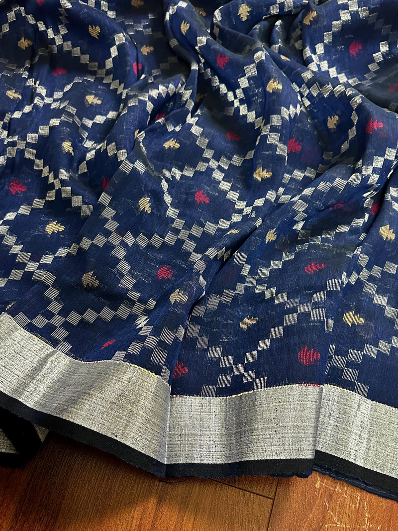 Navy Blue Color Bengal Linen Handwoven Saree with Patola Patten with Sliver Zari Weave - Kaash