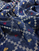 Navy Blue Color Bengal Linen Handwoven Saree with Patola Patten with Sliver Zari Weave - Kaash