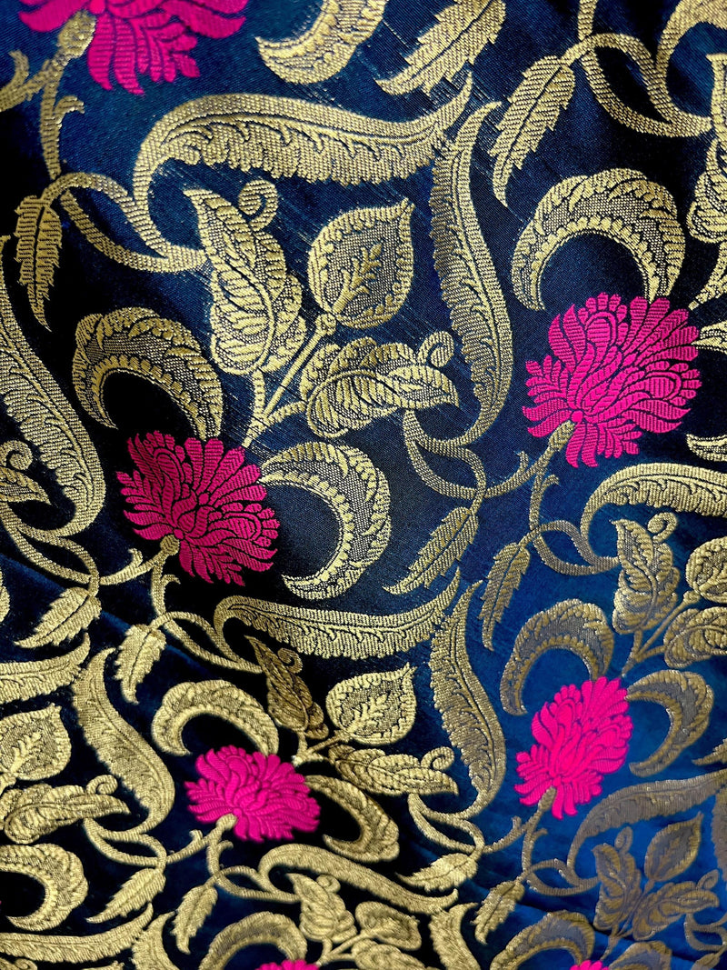 Navy Blue Color Dupatta with Floral Jaal - Banarasi Silk Dupatta - Pink Color Meenakari Flower - Floral Dupatta - Benarasi Dupatta - Kaash