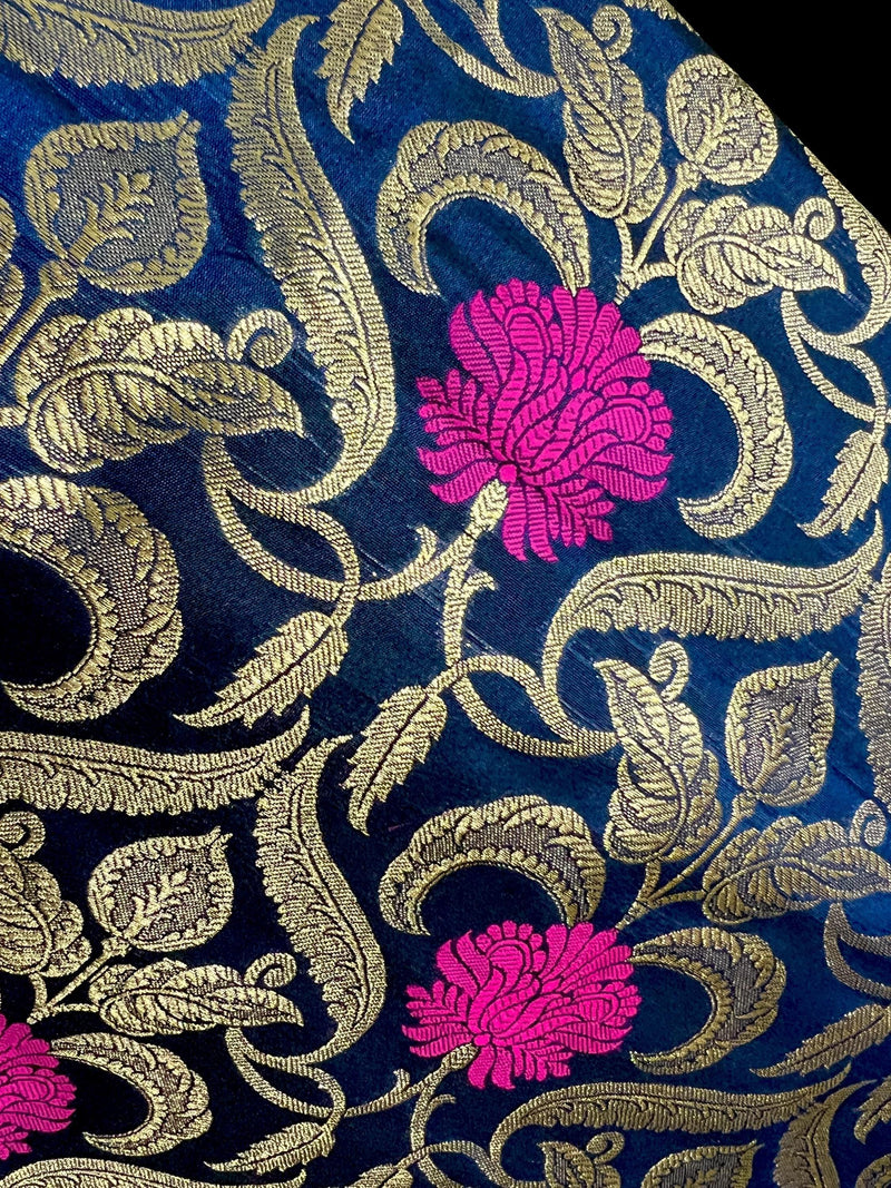 Navy Blue Color Dupatta with Floral Jaal - Banarasi Silk Dupatta - Pink Color Meenakari Flower - Floral Dupatta - Benarasi Dupatta - Kaash