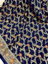 Navy Blue Georgette Silk Saree with Jaal Floral Weave, Meenakari - Kaash