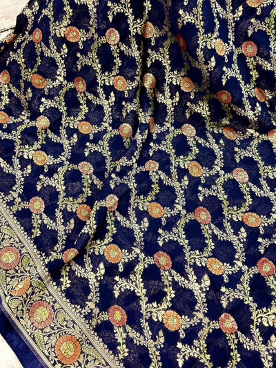 Navy Blue Georgette Silk Saree with Jaal Floral Weave, Meenakari - Kaash
