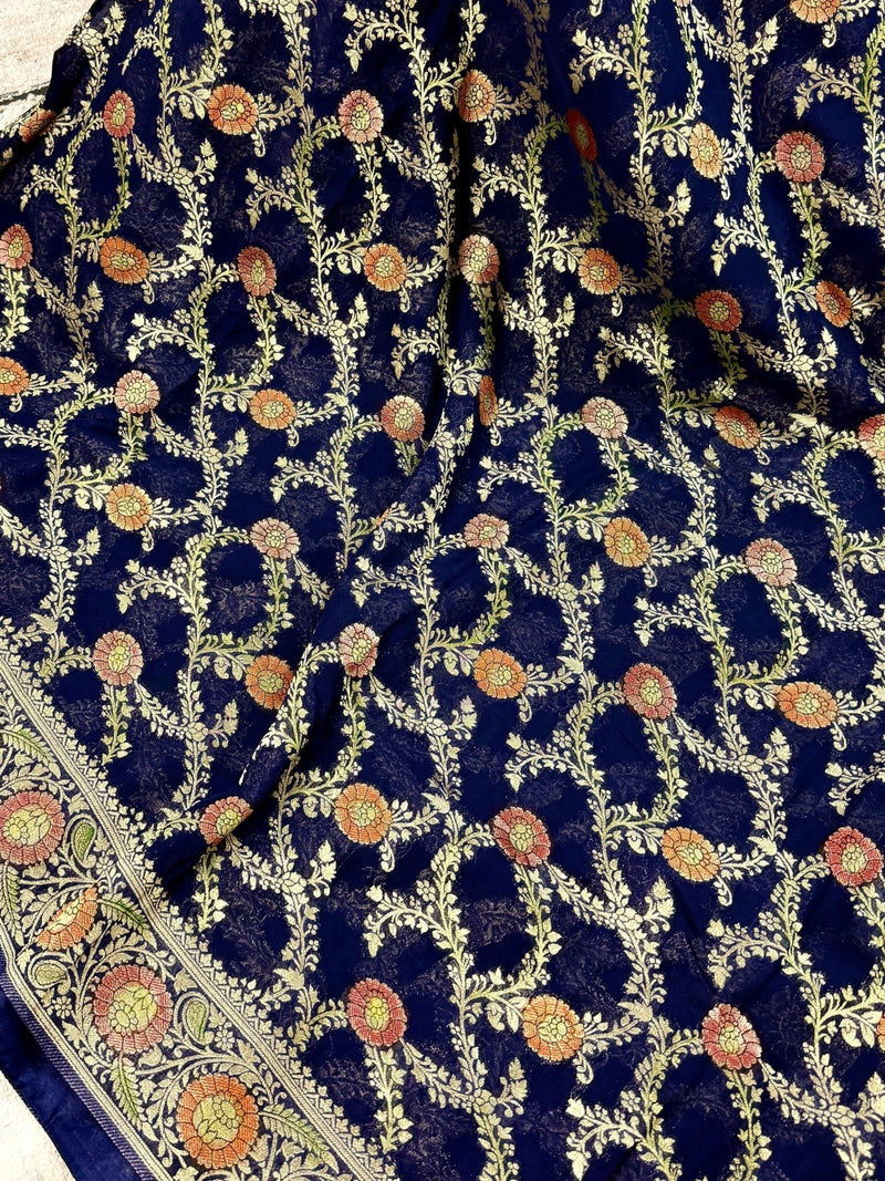 Navy Blue Georgette Silk Saree with Jaal Floral Weave, Meenakari - Kaash