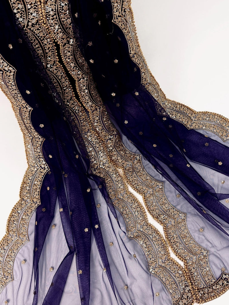 Navy Blue net dupatta with muted gold zari, sequin & beads — Kaash Collection