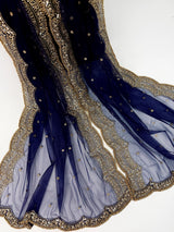 Navy Blue net dupatta with muted gold zari, sequin & beads — Kaash Collection