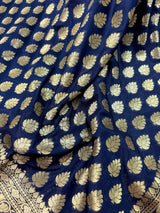 Navy Blue Traditional Banarasi Handloom Saree in Semi Banarasi Silk with Small Buttis - Kaash