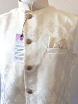 Off White men's Nehru/Modi jacket in silk (non-pure) with floral embossed pattern — Kaash Collection
