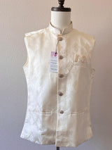 Off White men's Nehru/Modi jacket in silk (non-pure) with floral embossed pattern — Kaash Collection