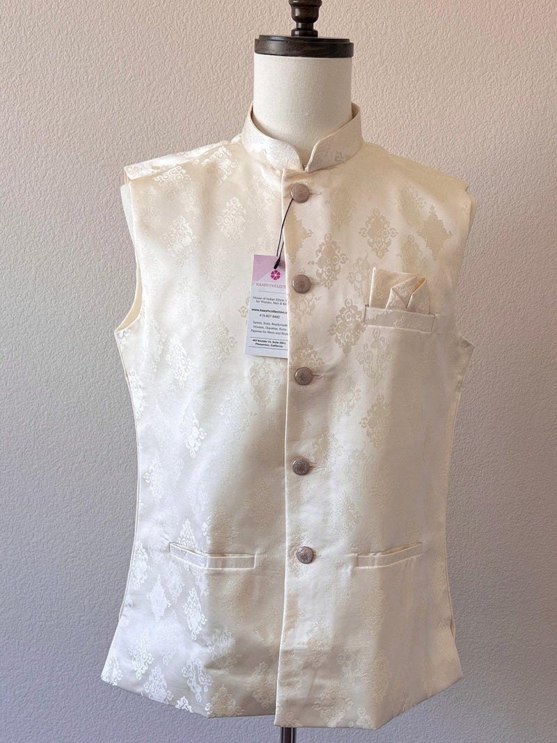 Off White men's Nehru/Modi jacket in silk (non-pure) with floral embossed pattern — Kaash Collection