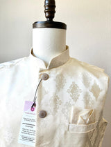 Off White men's Nehru/Modi jacket in silk (non-pure) with floral embossed pattern — Kaash Collection