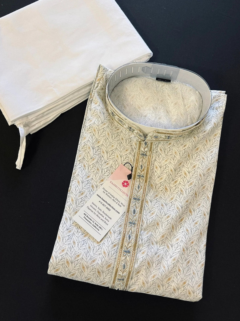 Off White Soft Silk Men Kurta Pajama Set with Hand Embroidery on the Neckline - Kaash