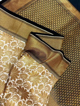 Off White with Black Traditional Banarasi Silk Handloom Saree with Muted Gold Antique Zari Weave - Kaash