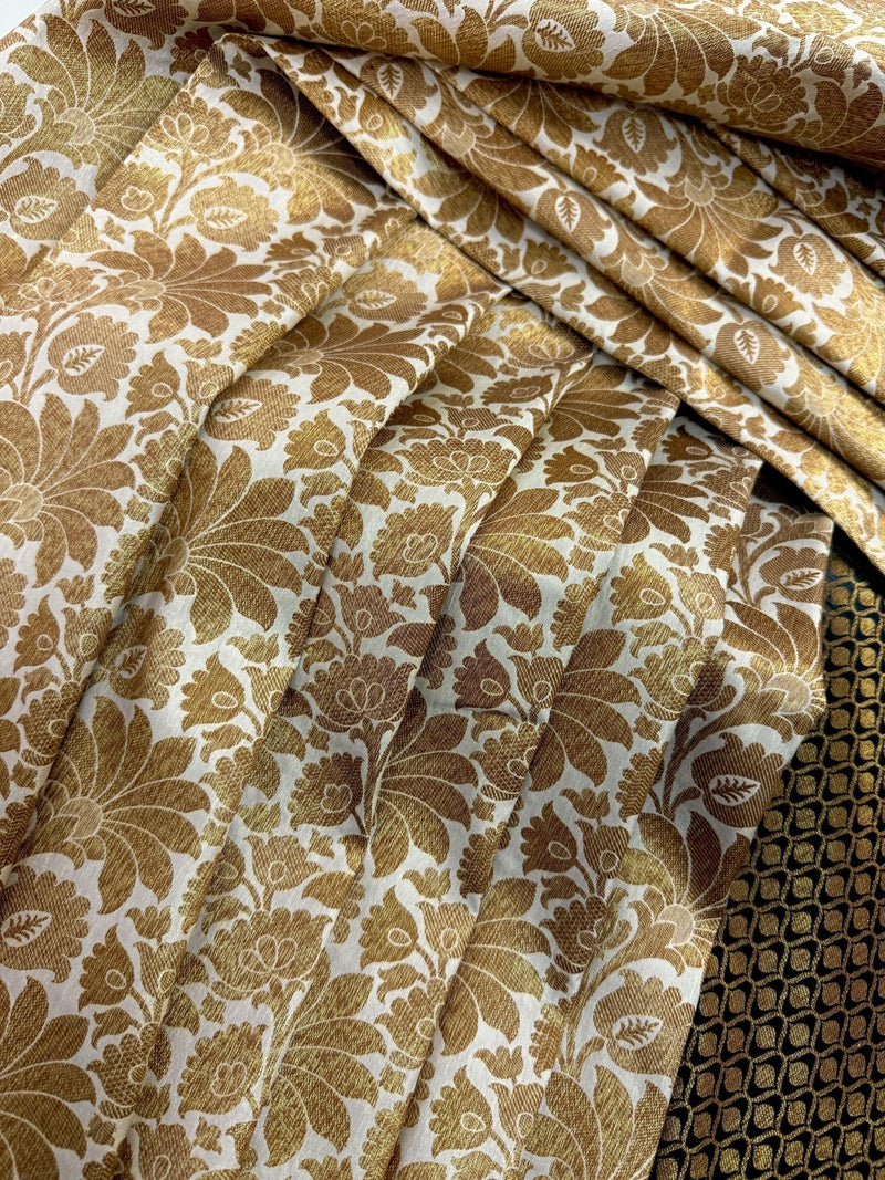 Off White with Black Traditional Banarasi Silk Handloom Saree with Muted Gold Antique Zari Weave - Kaash