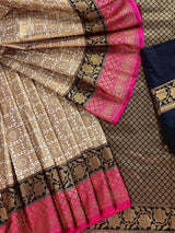 Off White with Pink and Black Traditional Banarasi Silk Handloom Saree with Antique Zari Weave - Kaash