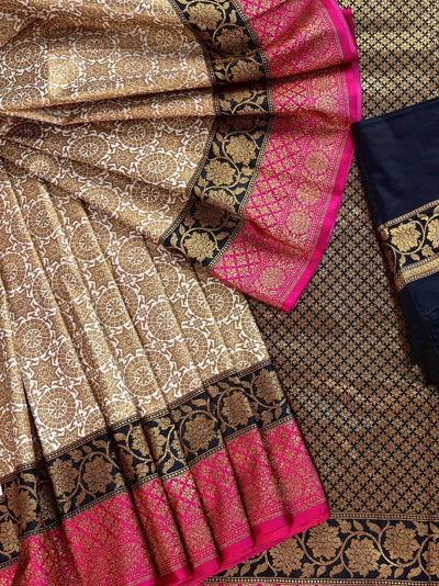 Off White with Pink and Black Traditional Banarasi Silk Handloom Saree with Antique Zari Weave - Kaash