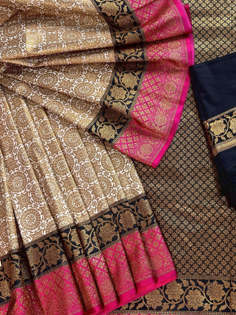 Off White with Pink and Black Traditional Banarasi Silk Handloom Saree with Antique Zari Weave - Kaash