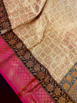 Off White with Pink and Black Traditional Banarasi Silk Handloom Saree with Antique Zari Weave - Kaash