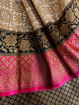 Off White with Pink and Black Traditional Banarasi Silk Handloom Saree with Antique Zari Weave - Kaash