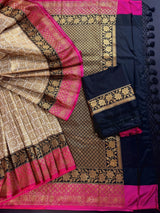 Off White with Pink and Black Traditional Banarasi Silk Handloom Saree with Antique Zari Weave - Kaash