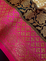Off White with Pink and Black Traditional Banarasi Silk Handloom Saree with Antique Zari Weave - Kaash