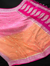 Ombre Baby Pink and Peach with Hot Pink Border pure banarasi chiffon silk saree with silver zari with hot pink border — Kaash Collection